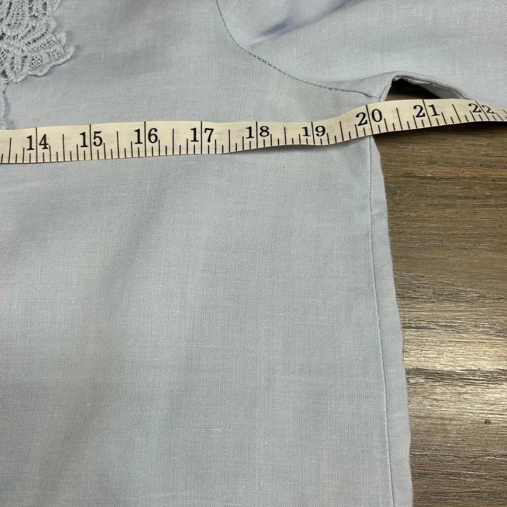 NWOT 100% Linen Size Small Baby Blue Crochet Detail Wide Flare Sleeves Tunic - Picture 12 of 14